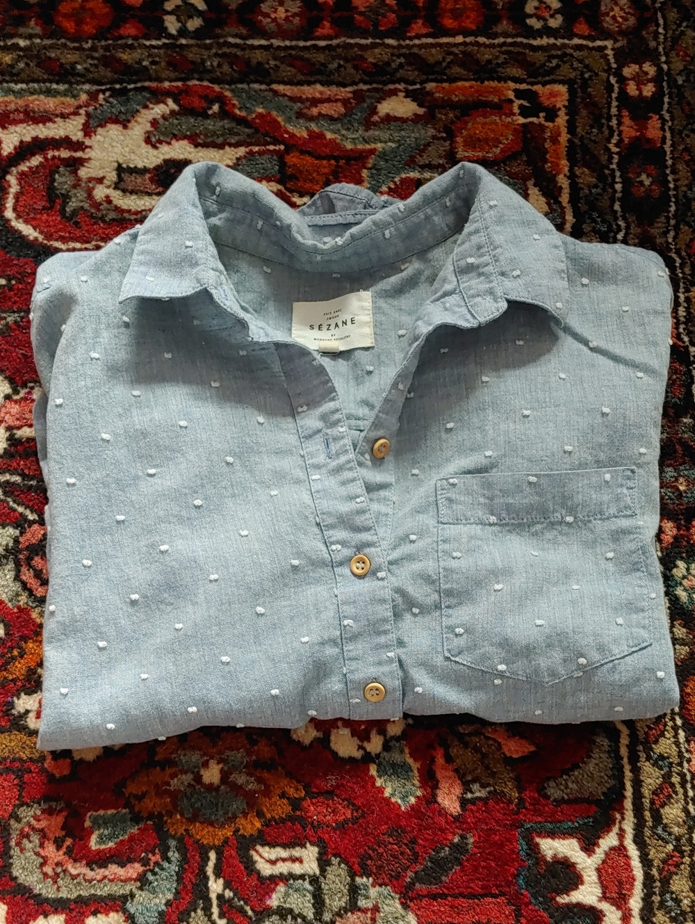 Sezane cotton polka dot button up short sleeve, size 36